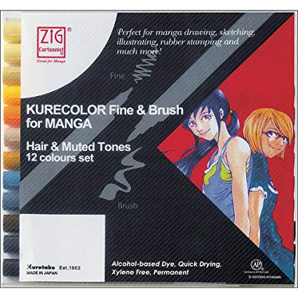ZIG Kurecolor Fine & Brush for Manga 12 Colors Set